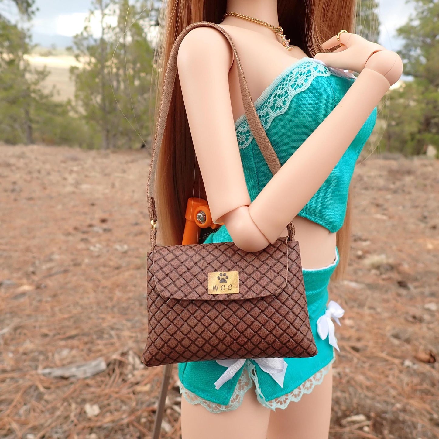 Smart doll chocolate brown basket weave textured faux leather shoulder bag purse