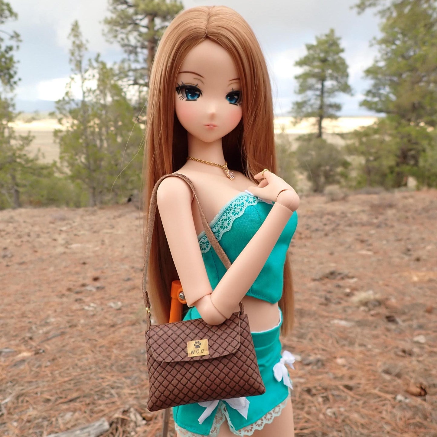 Smart doll chocolate brown basket weave textured faux leather shoulder bag purse