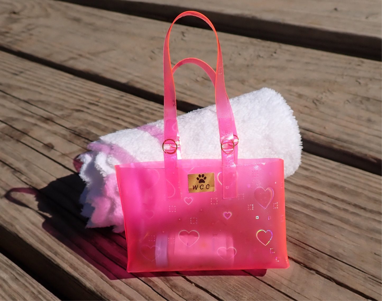 Smart doll beach bag sunscreen and towel pink holographic hearts transparent