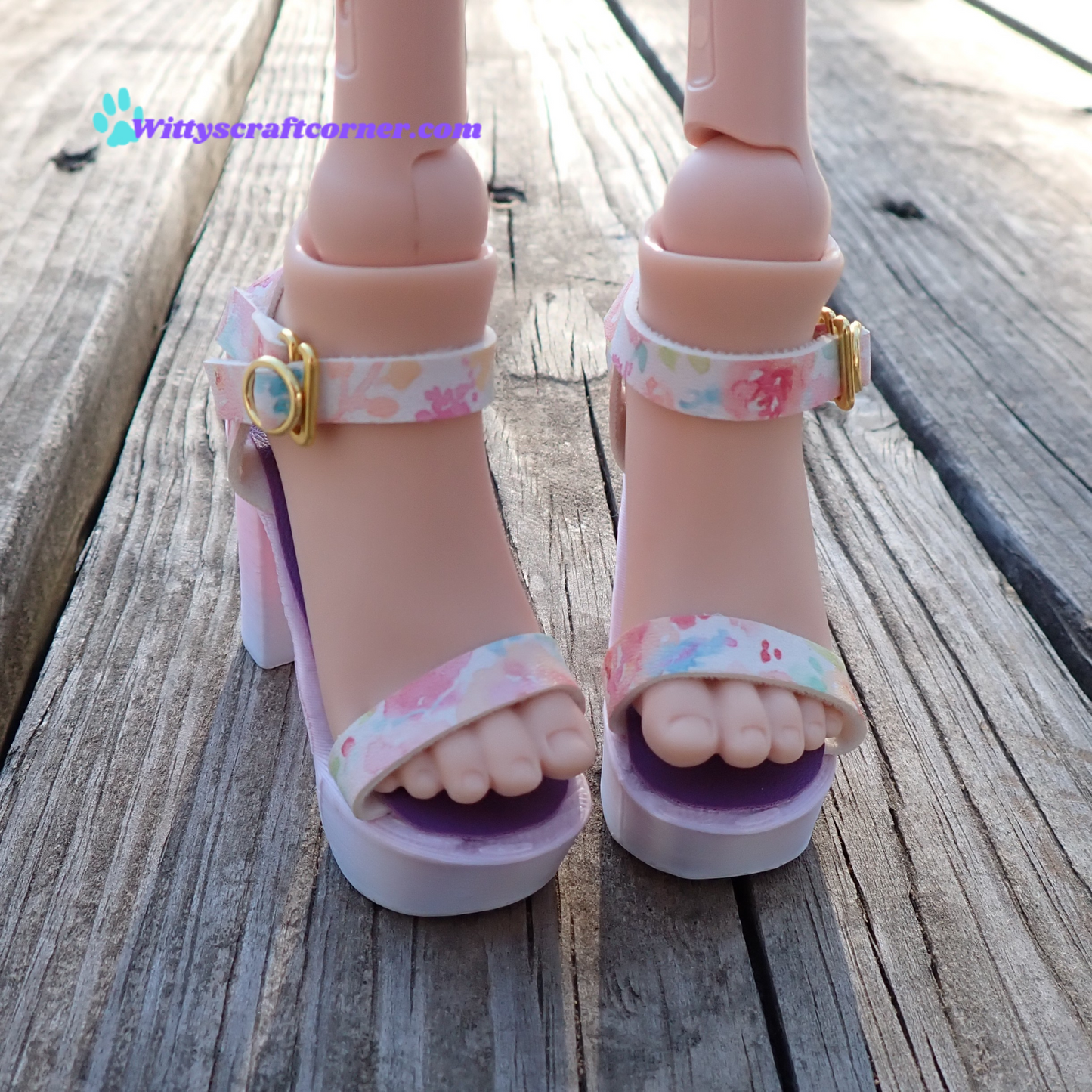 Smart doll chunky purple heels floral white faux leather straps