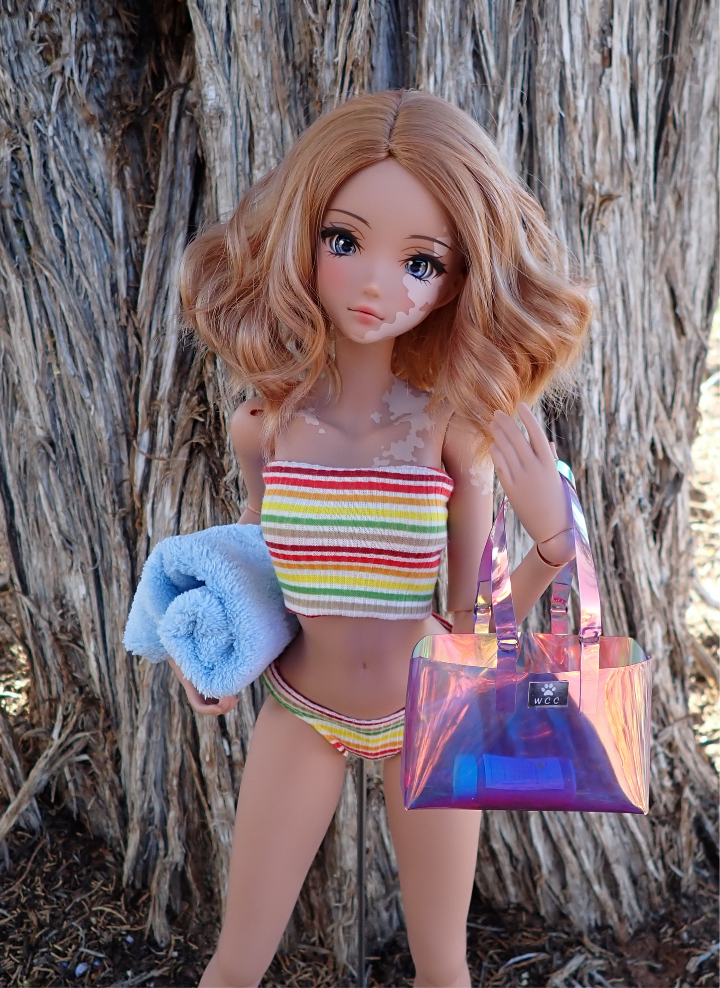 Smart doll beach bag sunscreen and towel purple holographic transparent