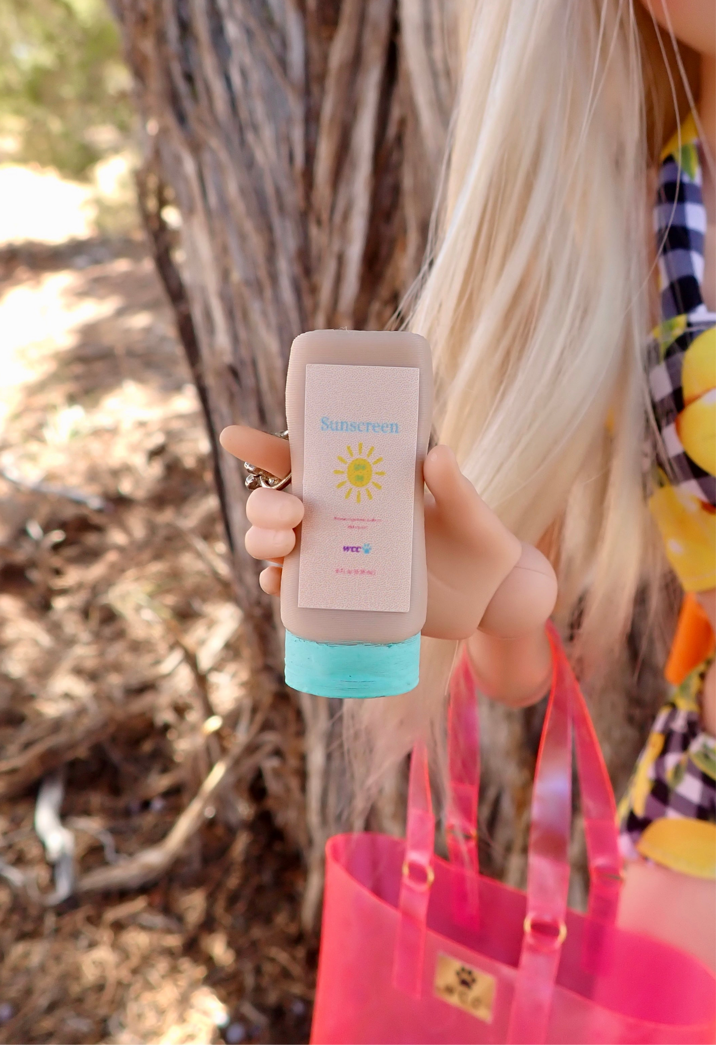 Smart doll beach bag sunscreen and towel pink holographic hearts transparent