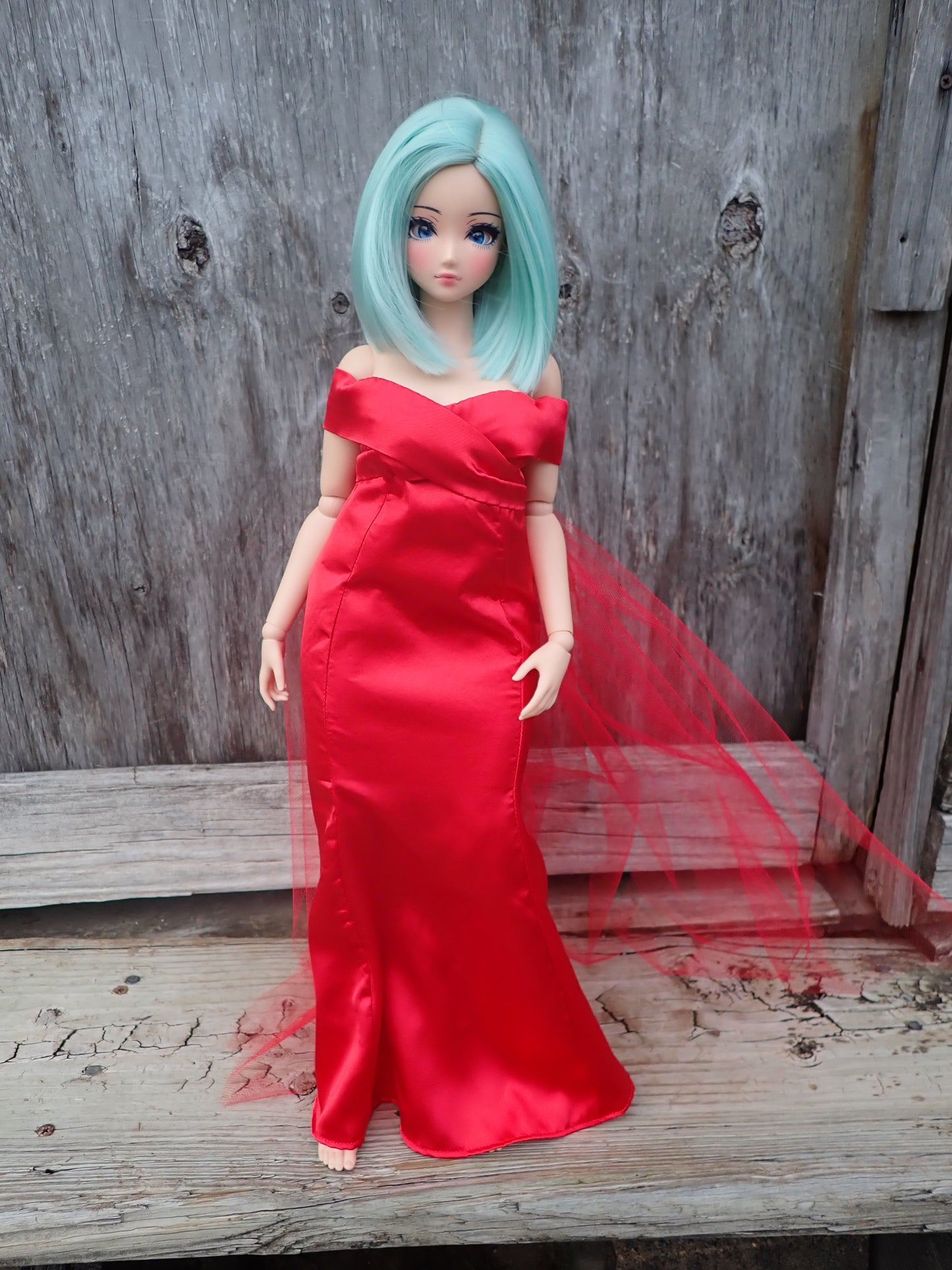 Smart doll PEAR red satin gown Christmas with gold bow and tulle train