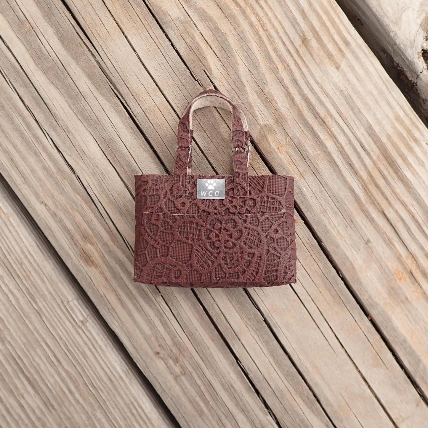 Smart doll mahogany embossed floral lace texture tote bag purse