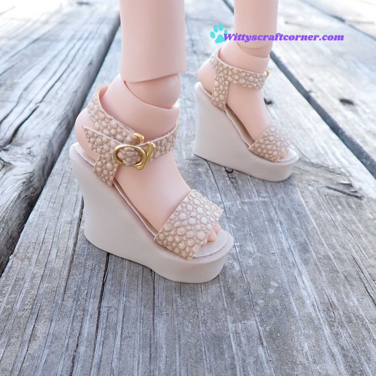 Smart doll beige wedges bubble textured faux leather straps