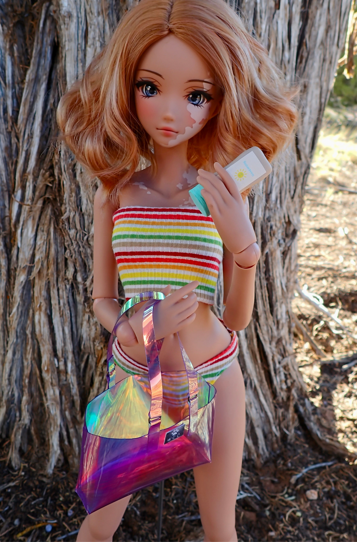 Smart doll beach bag sunscreen and towel purple holographic transparent
