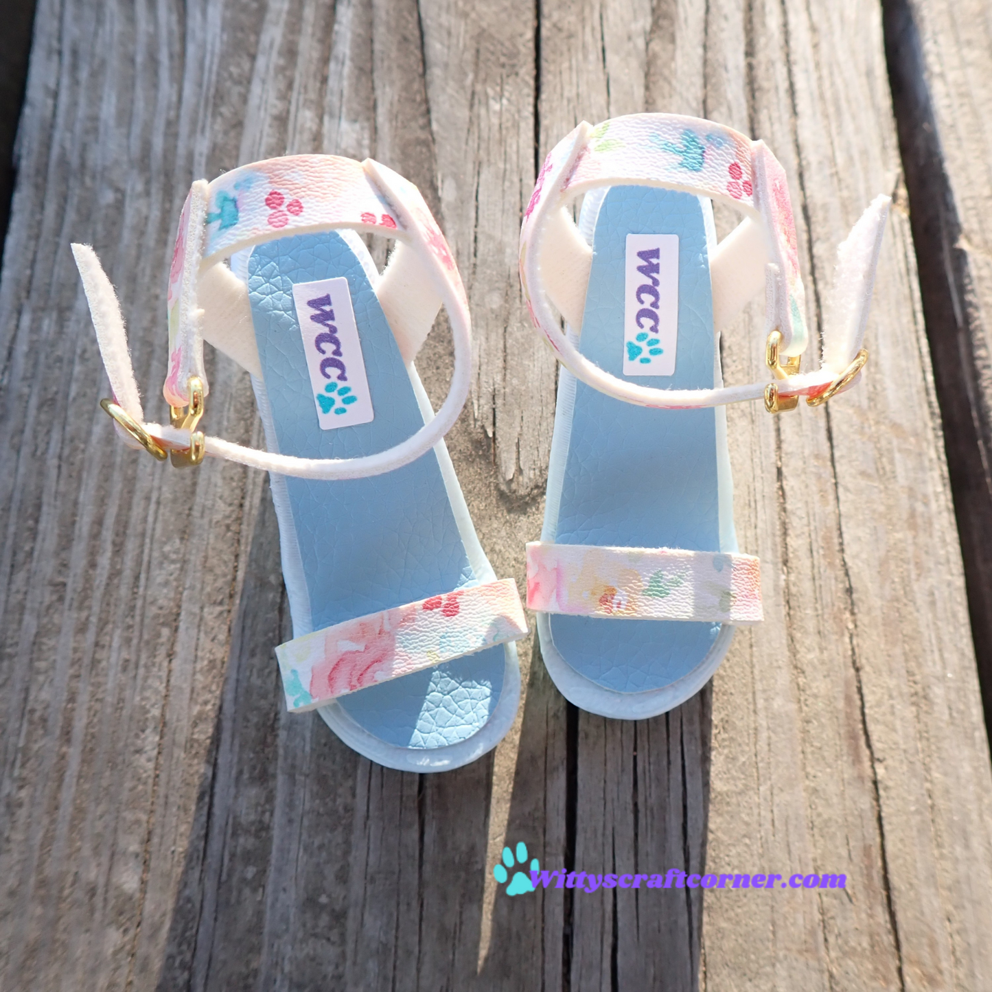 Smart doll chunky blue heels floral white faux leather straps