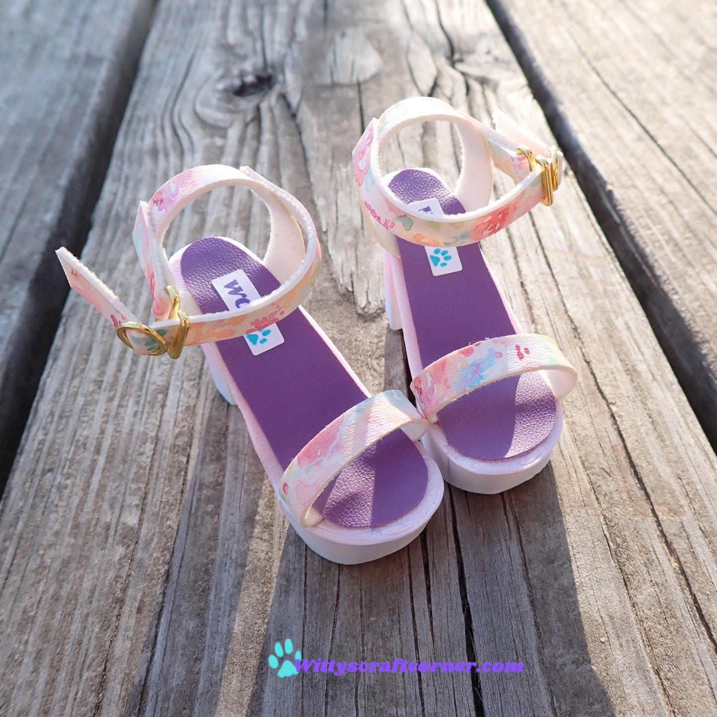 Smart doll chunky purple heels floral white faux leather straps