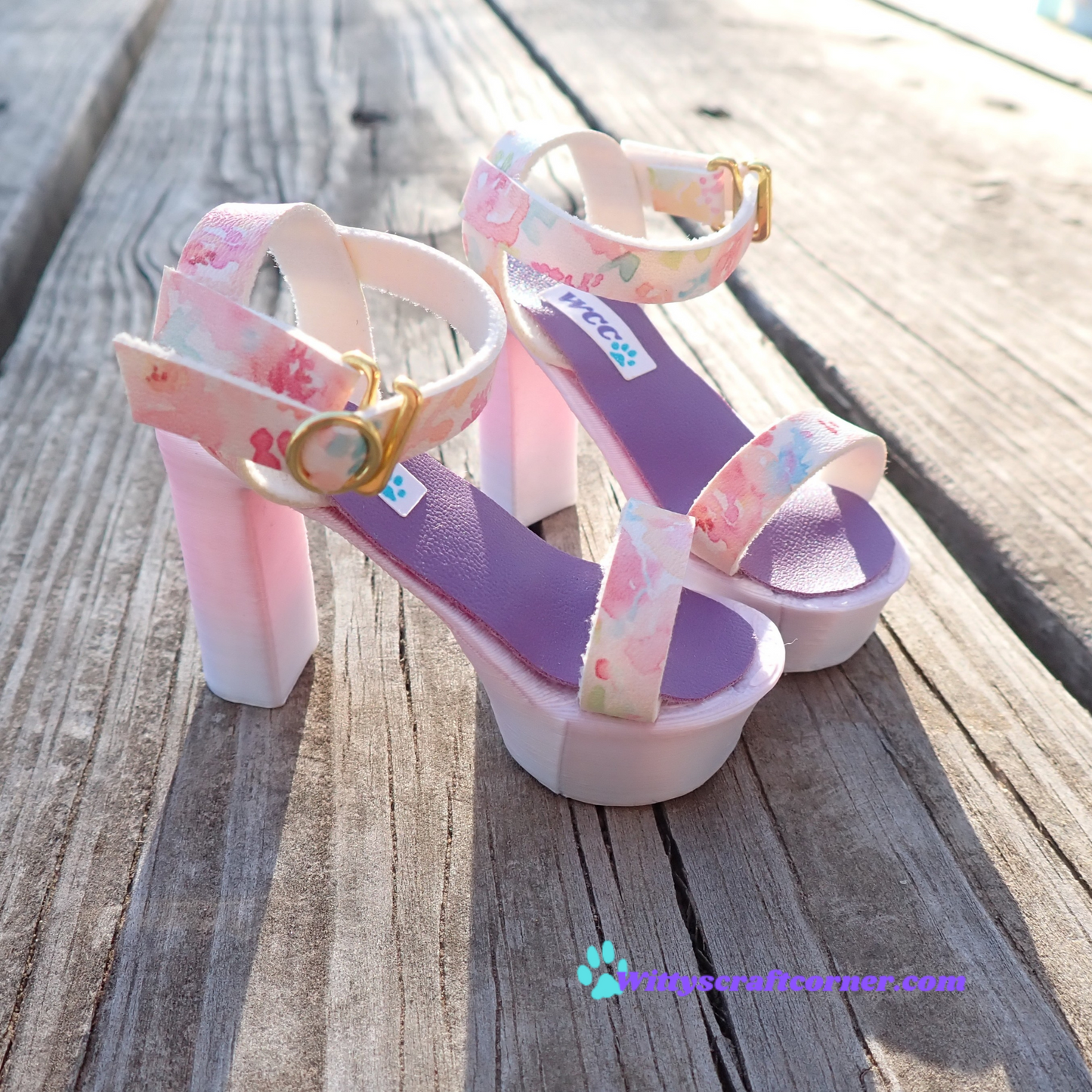 Smart doll chunky purple heels floral white faux leather straps