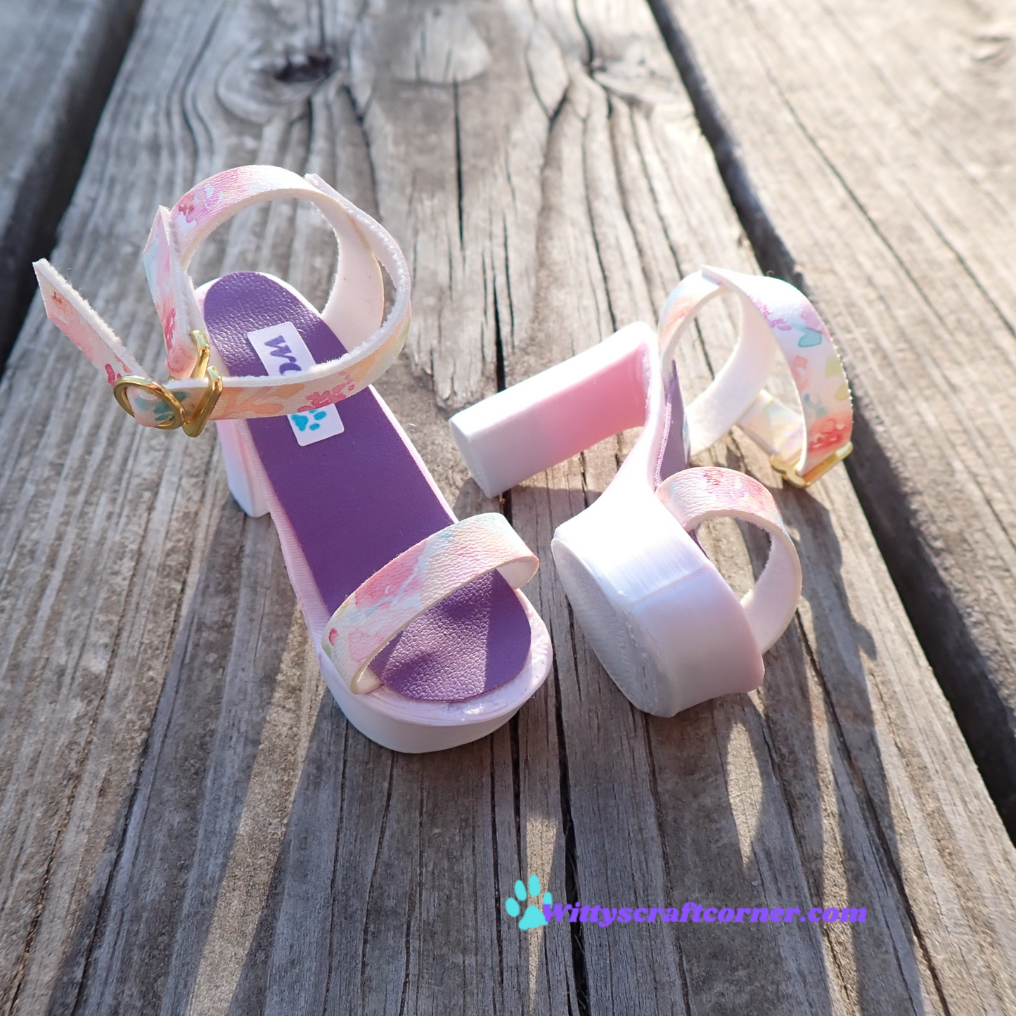 Smart doll chunky purple heels floral white faux leather straps