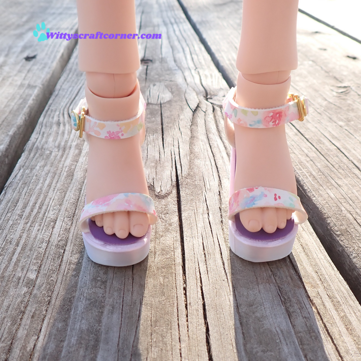 Smart doll chunky purple heels floral white faux leather straps