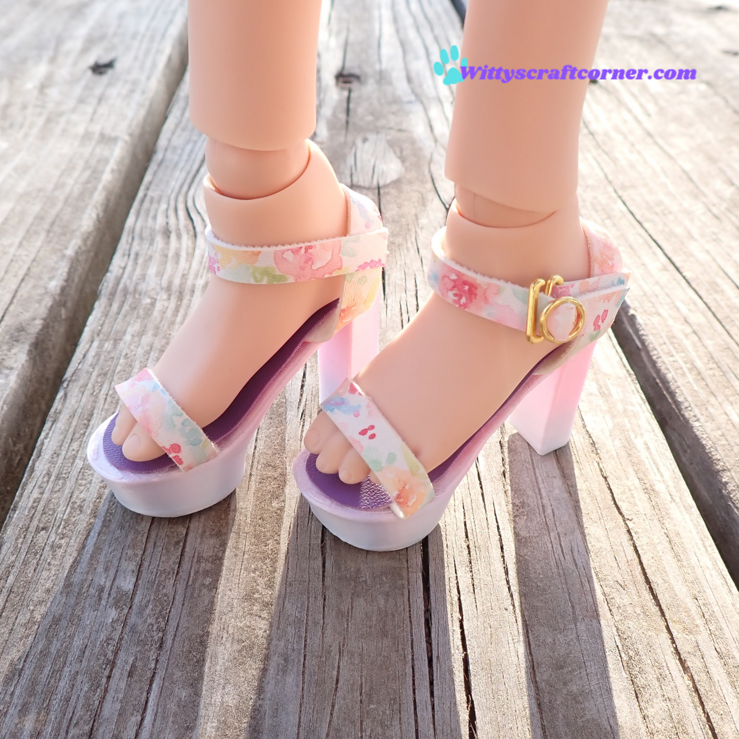 Smart doll chunky purple heels floral white faux leather straps