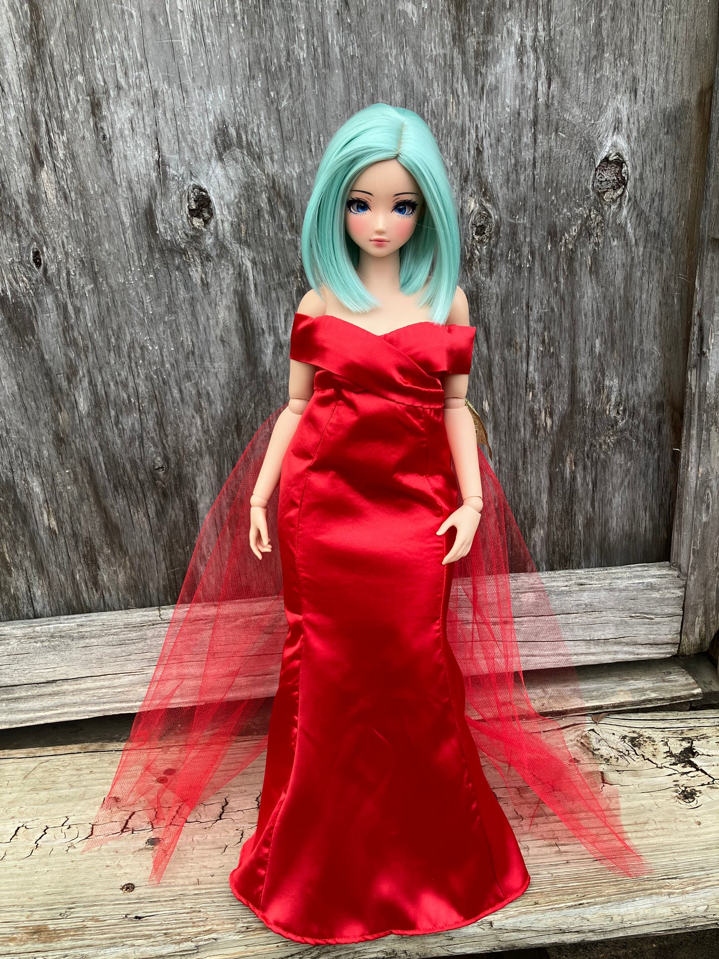 Smart doll PEAR red satin gown Christmas with gold bow and tulle train