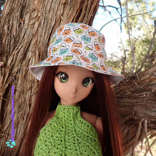 MADE TO ORDER Smart doll bucket hat Halloween jack o lantern basket print