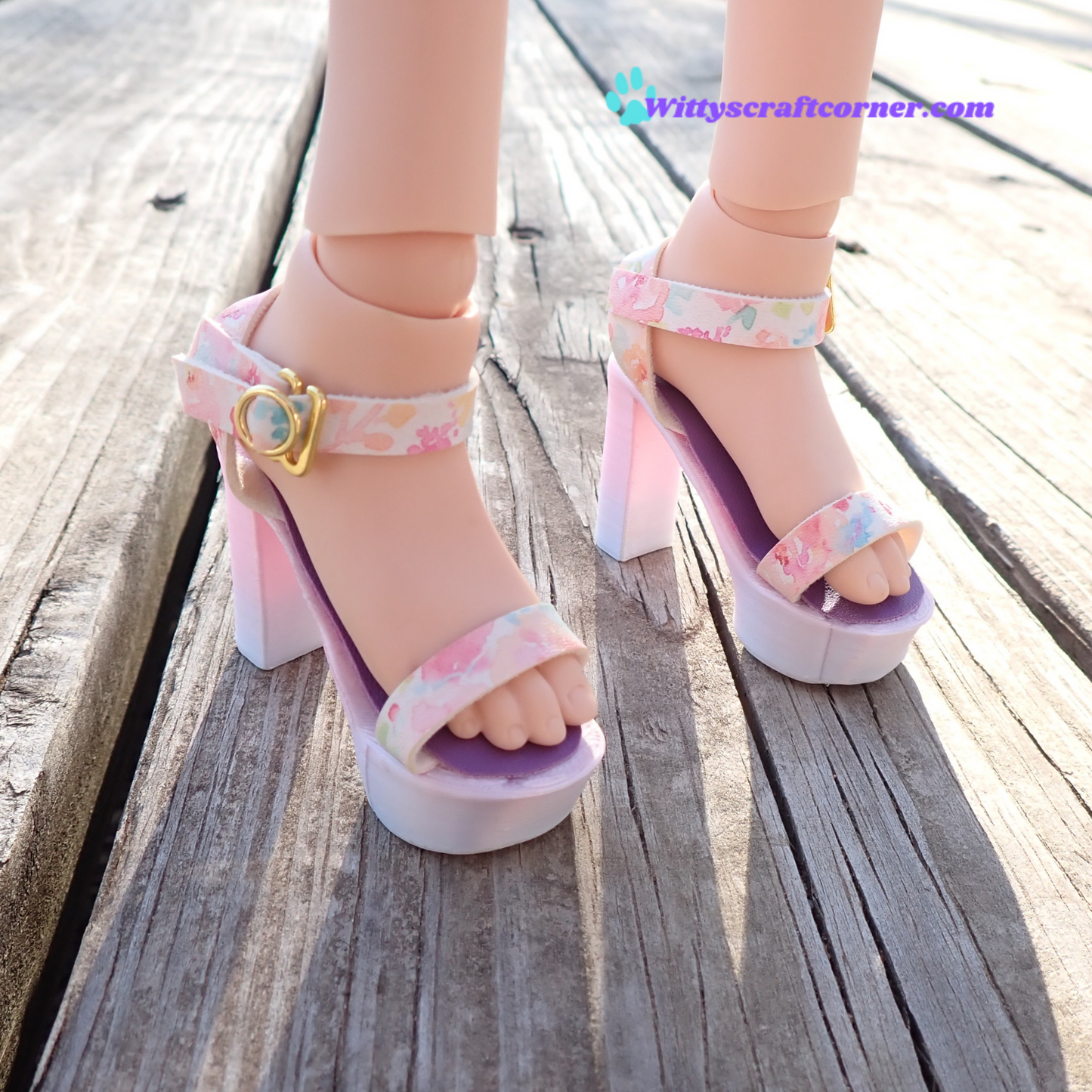 Smart doll chunky purple heels floral white faux leather straps