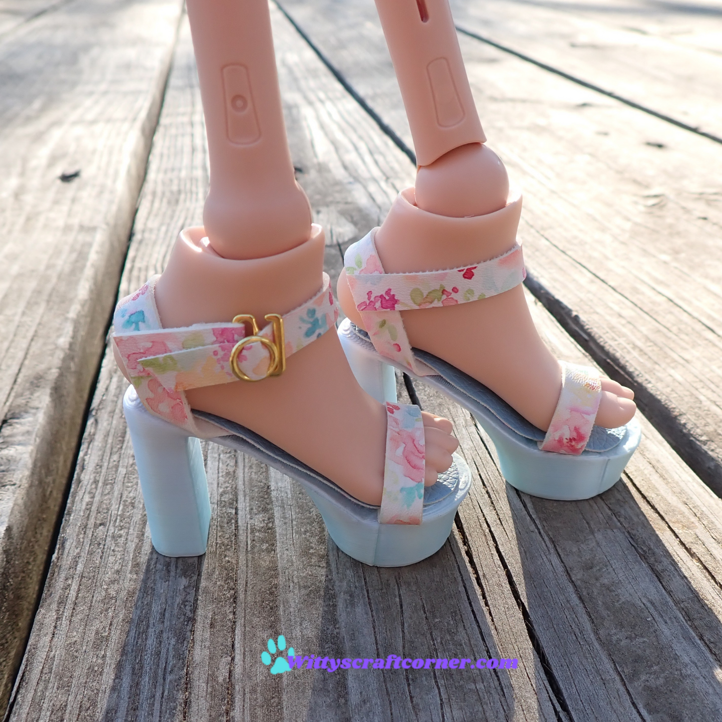 Smart doll chunky blue heels floral white faux leather straps