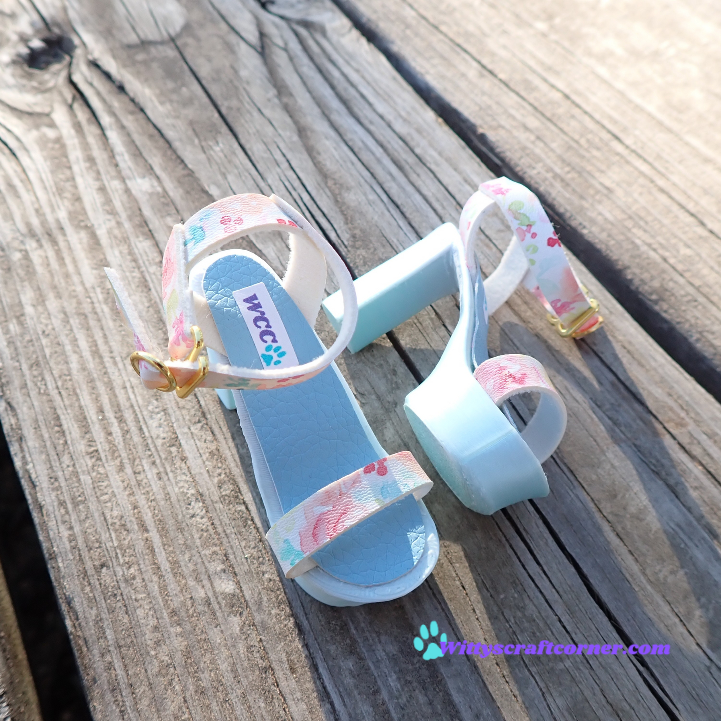 Smart doll chunky blue heels floral white faux leather straps