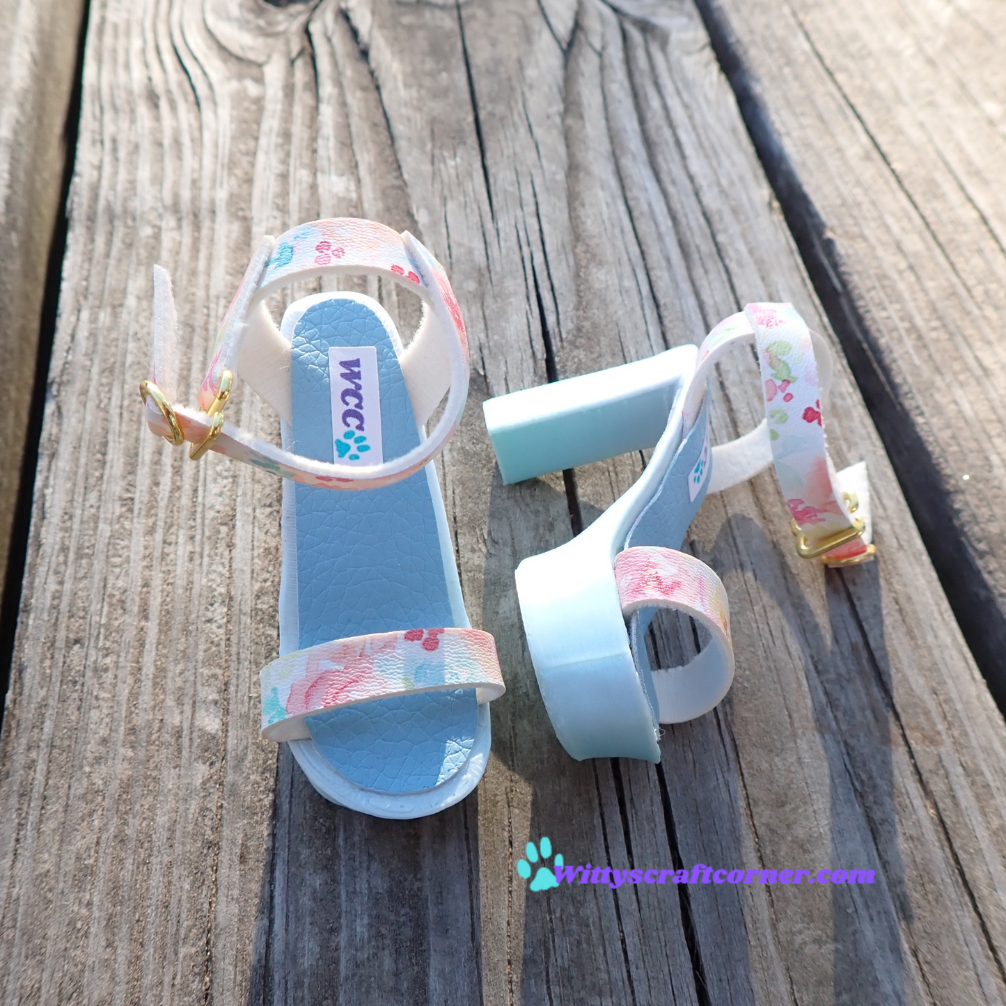 Smart doll chunky blue heels floral white faux leather straps