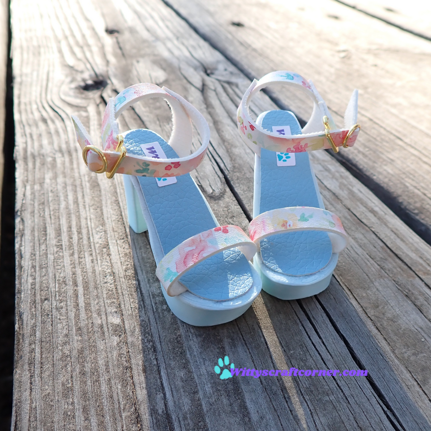 Smart doll chunky blue heels floral white faux leather straps