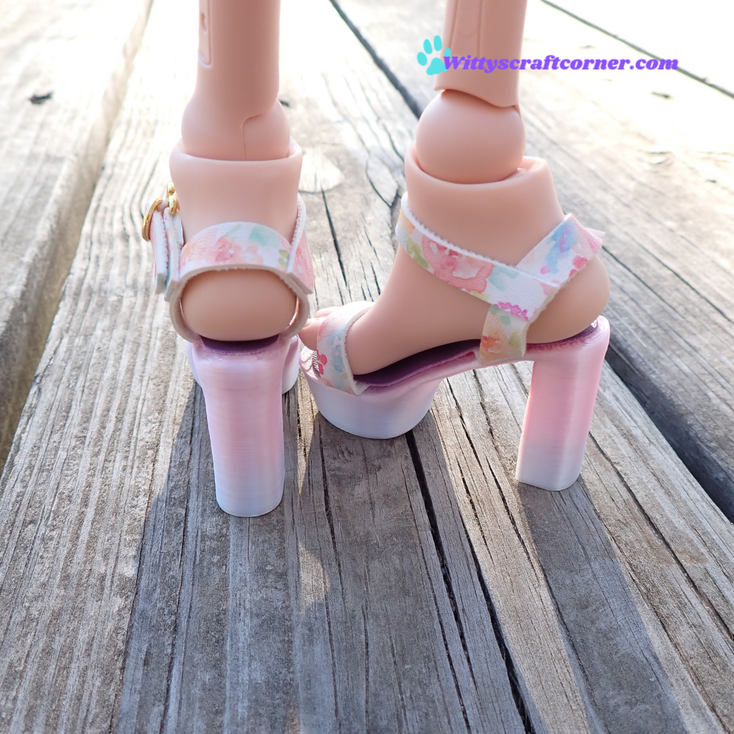 Smart doll chunky purple heels floral white faux leather straps