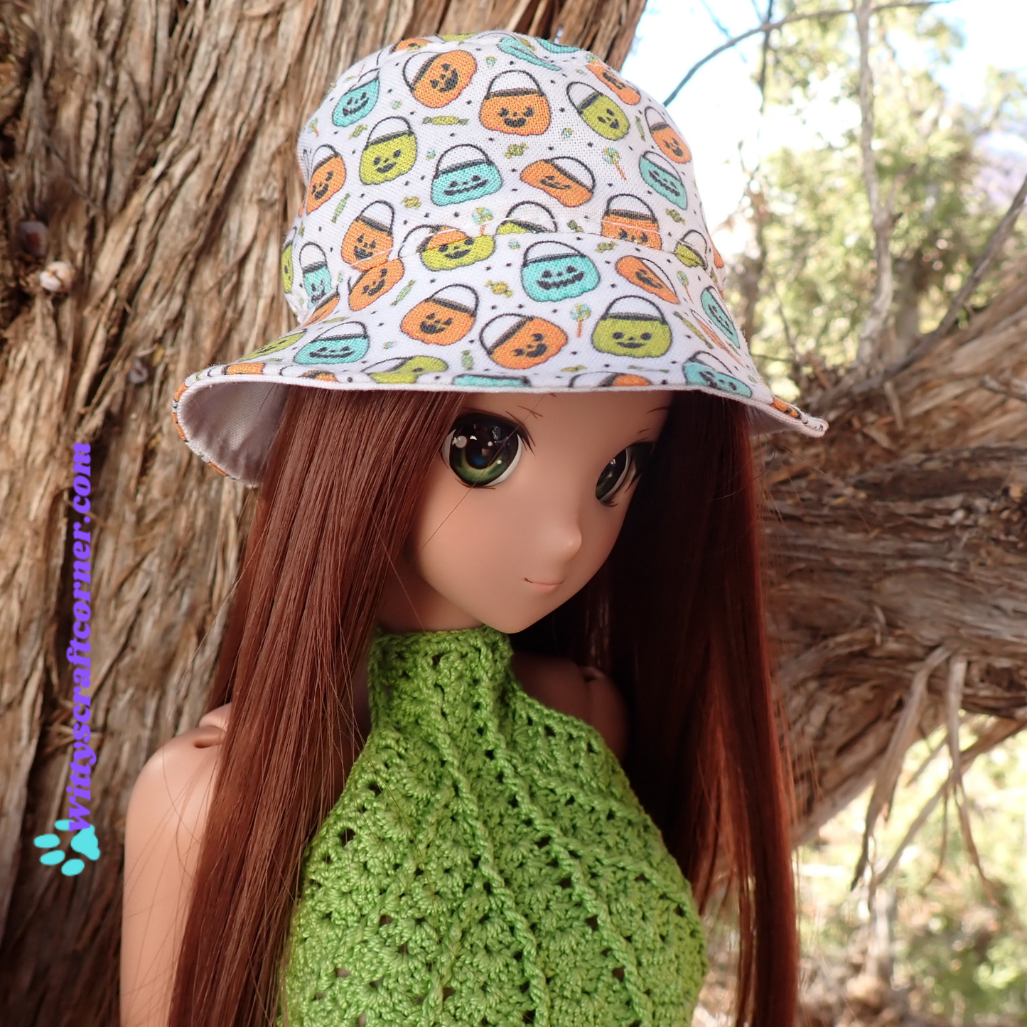MADE TO ORDER Smart doll bucket hat Halloween jack o lantern basket print