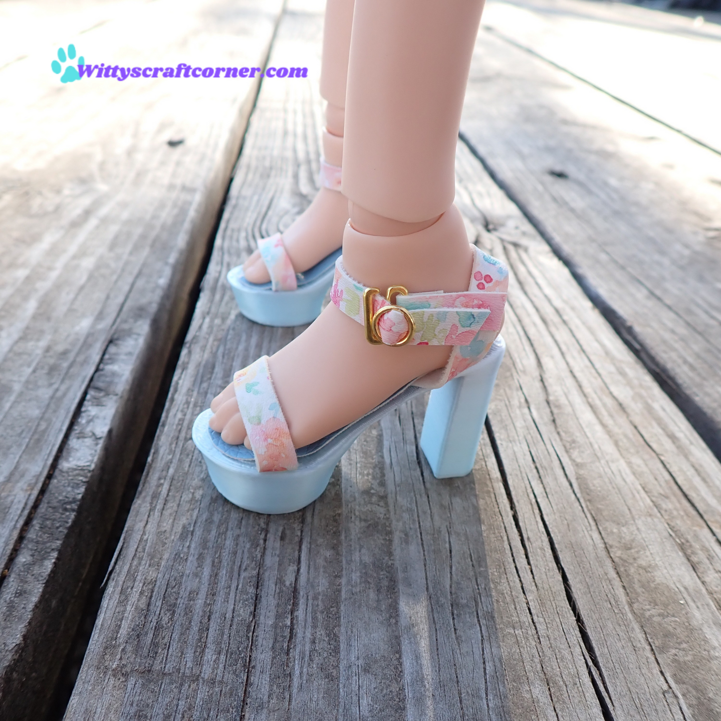 Smart doll chunky blue heels floral white faux leather straps