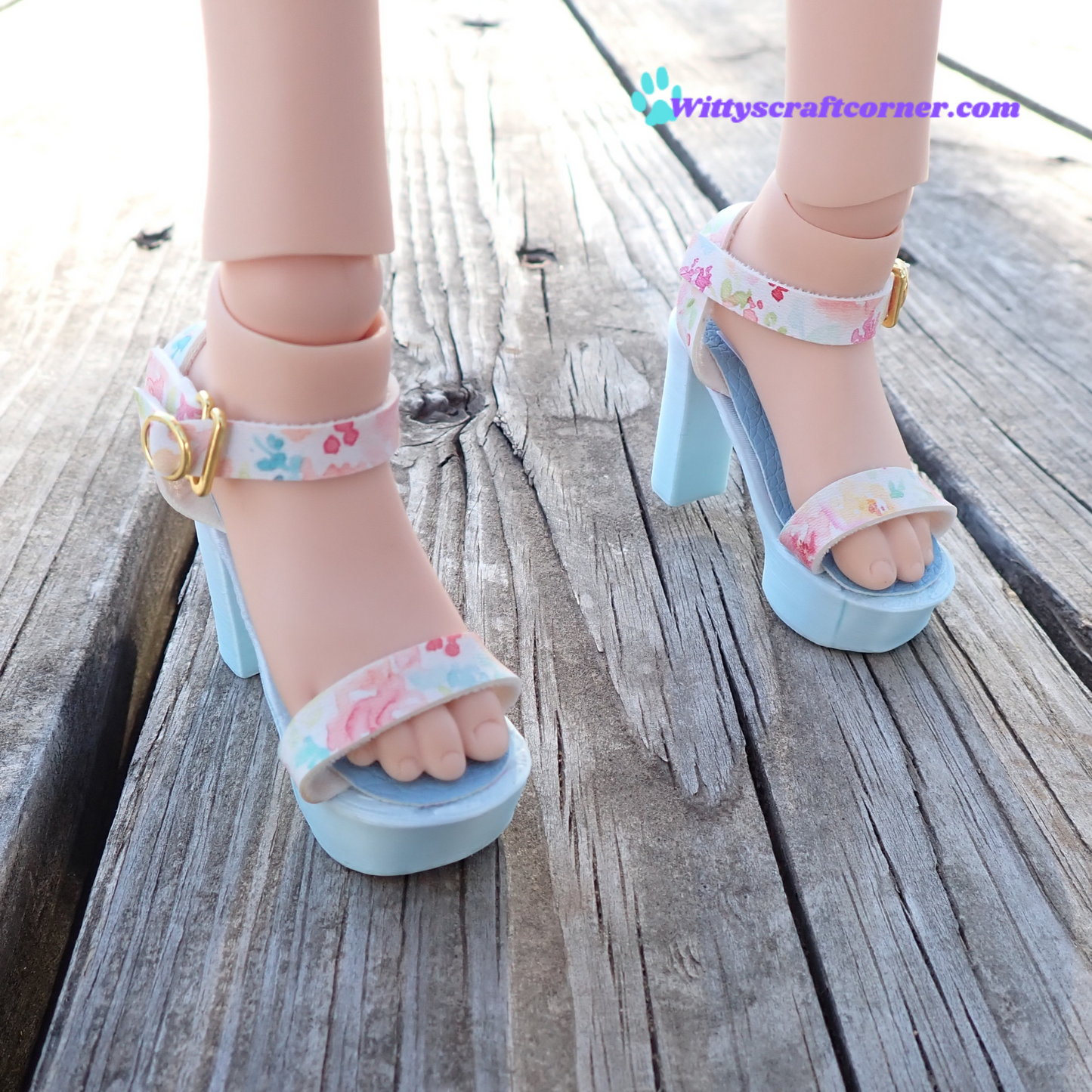 Smart doll chunky blue heels floral white faux leather straps