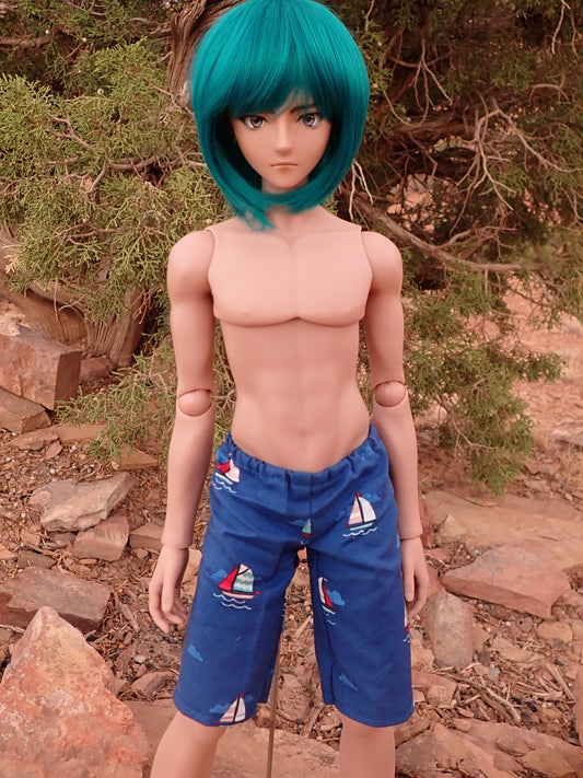 MADE TO ORDER Smart doll guys navy blue sail boats swim trunks shorts