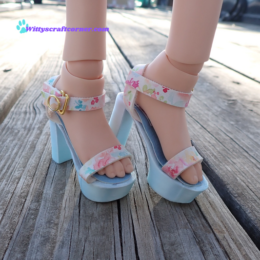 Smart doll chunky blue heels floral white faux leather straps