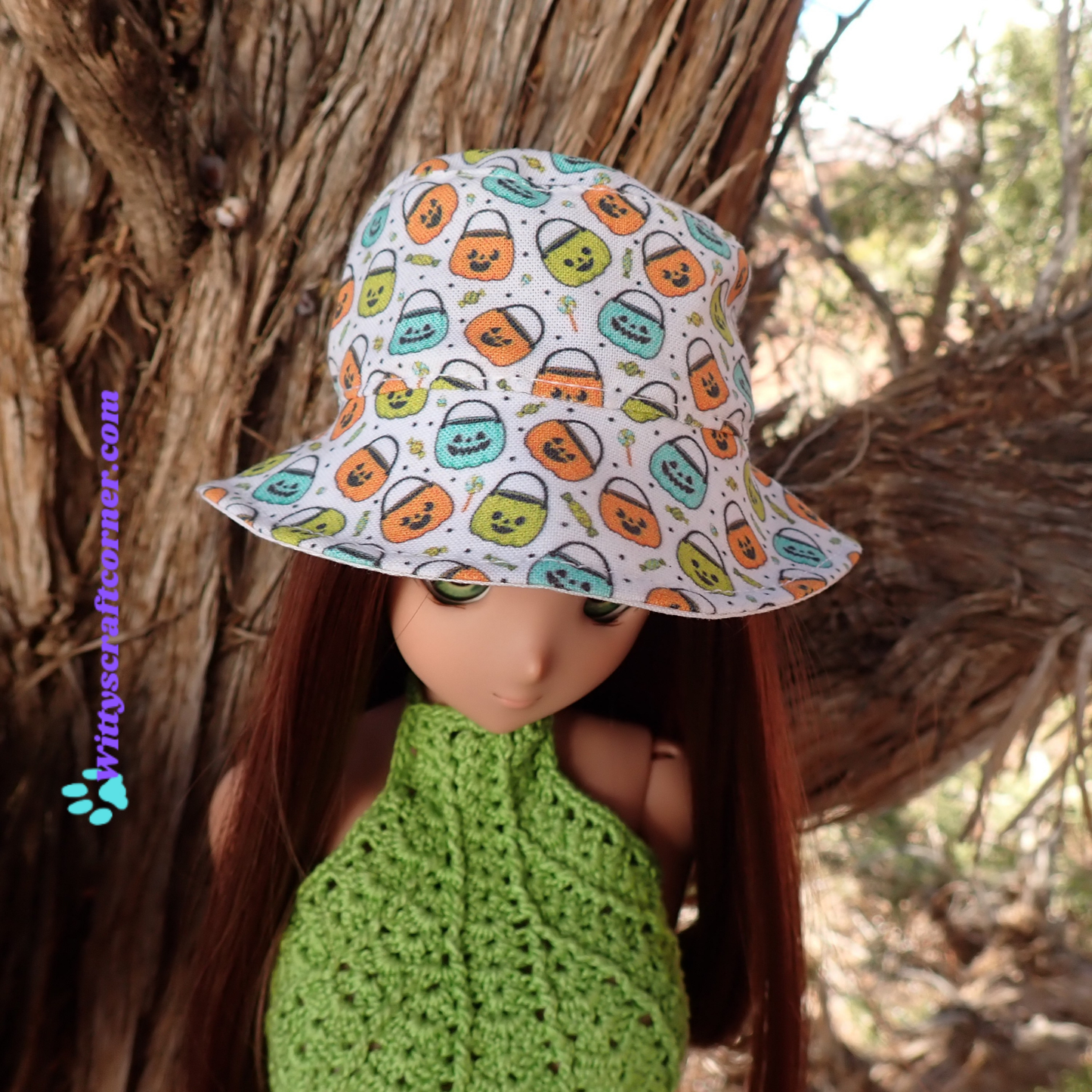 MADE TO ORDER Smart doll bucket hat Halloween jack o lantern basket print