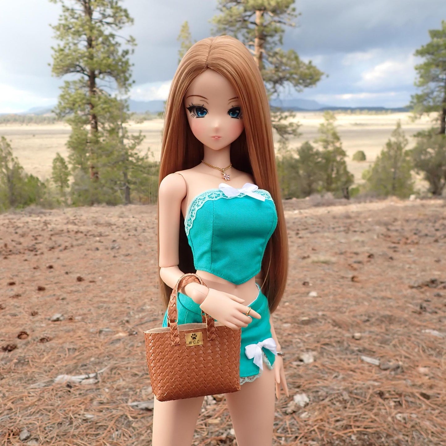 Smart doll brown embossed woven texture tote bag purse