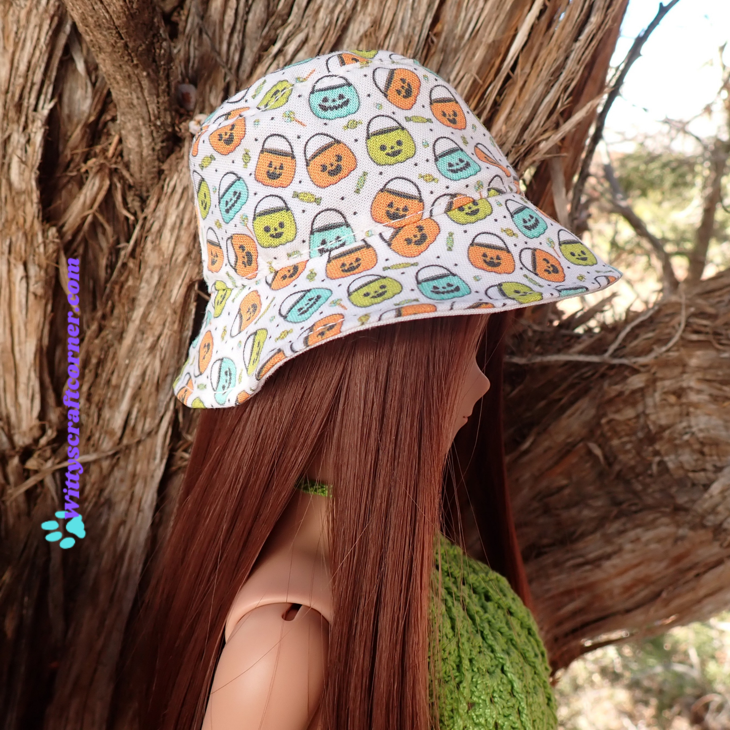 MADE TO ORDER Smart doll bucket hat Halloween jack o lantern basket print