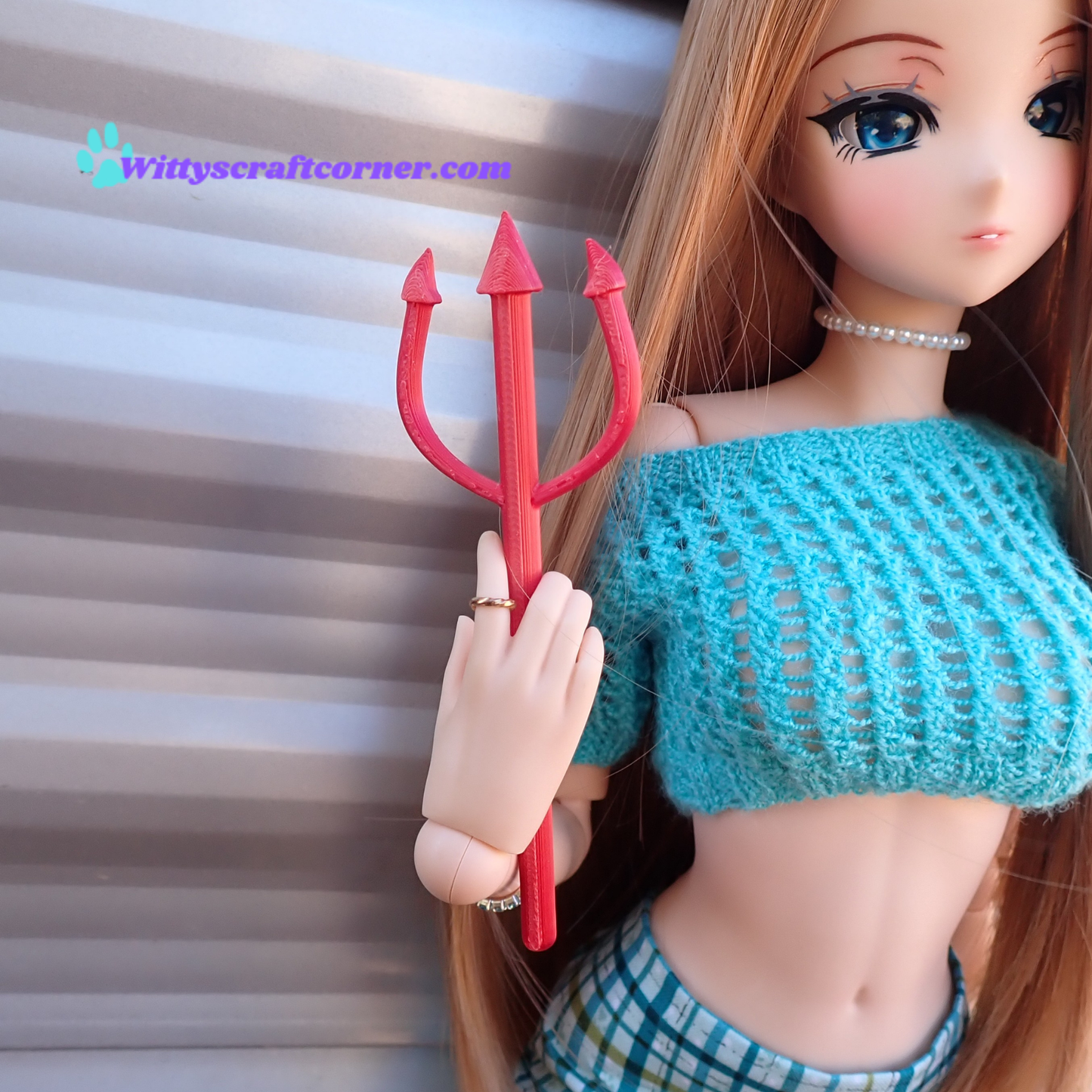 Smart doll headband devil horns and pitchfork set metallic red 3D printed