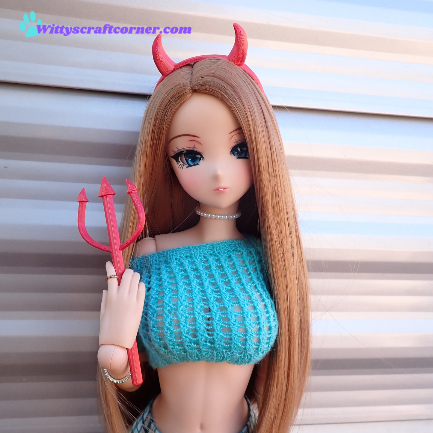 Smart doll headband devil horns and pitchfork set metallic red 3D printed