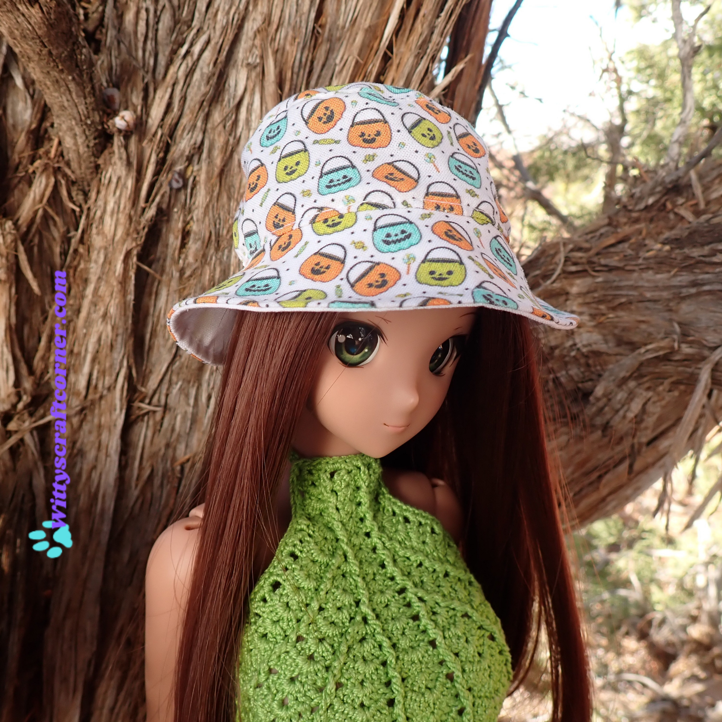 MADE TO ORDER Smart doll bucket hat Halloween jack o lantern basket print