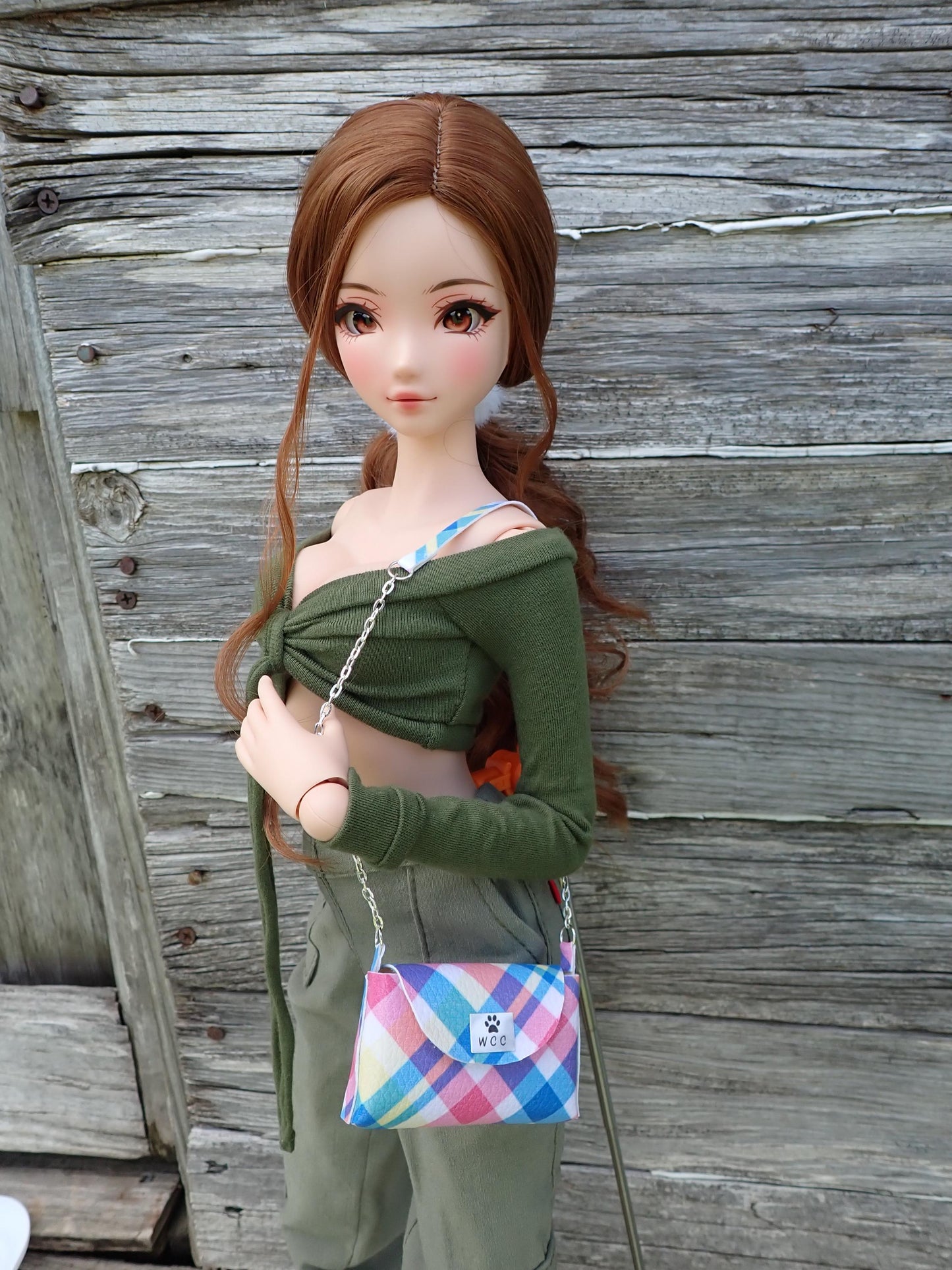 Smart doll purse multicolor plaid print red blue yellow