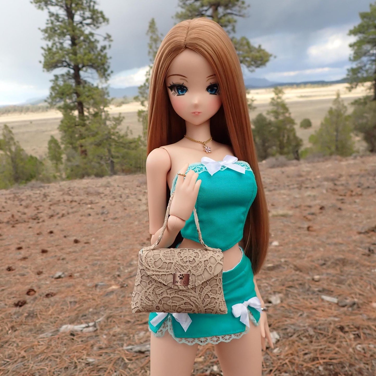 Smart doll beige embossed floral lace texture large purse