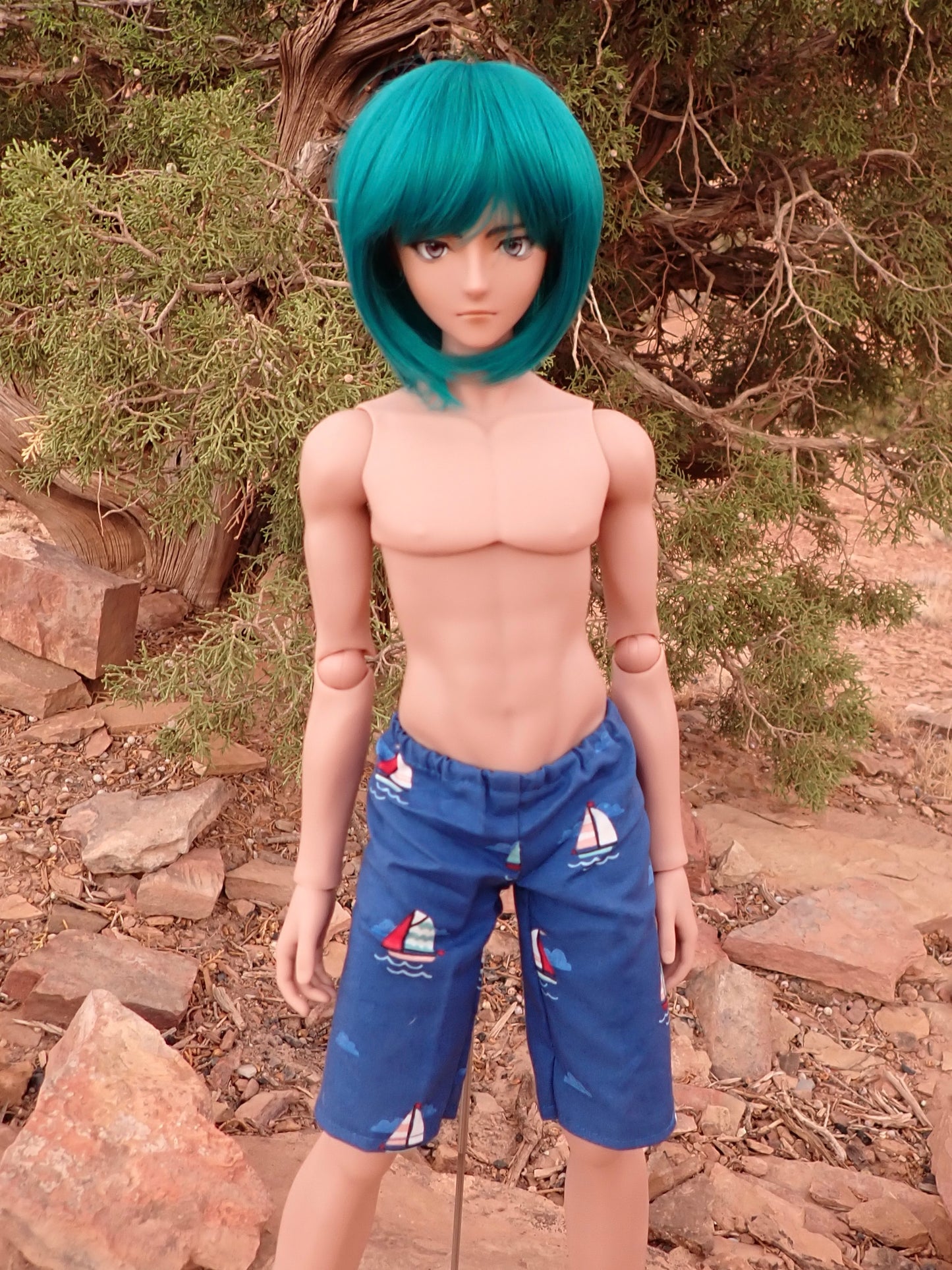 MADE TO ORDER Smart doll guys navy blue sail boats swim trunks shorts