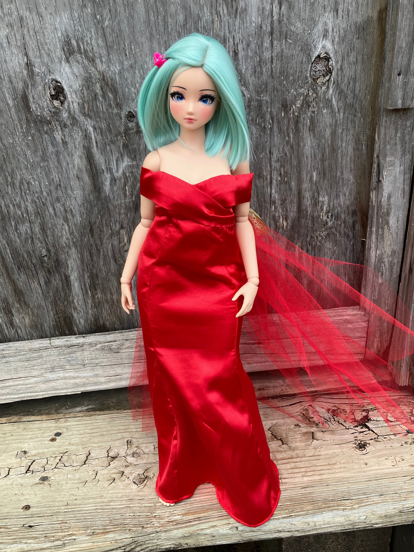 Smart doll PEAR red satin gown Christmas with gold bow and tulle train