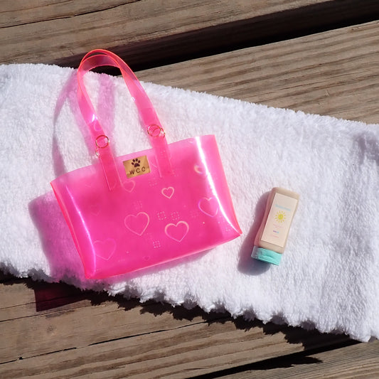 Smart doll beach bag sunscreen and towel pink holographic hearts transparent