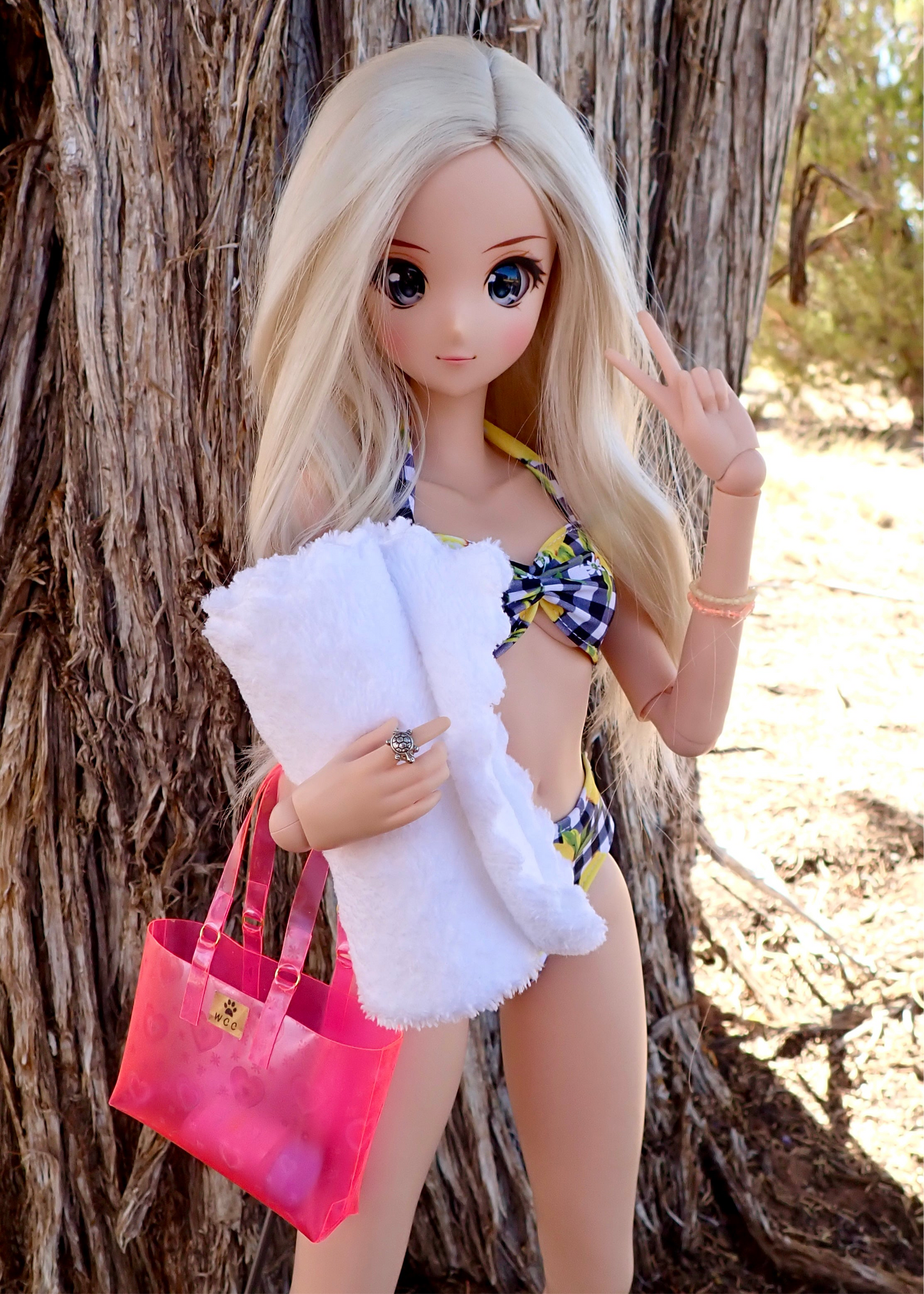 Smart doll beach bag sunscreen and towel pink holographic hearts transparent