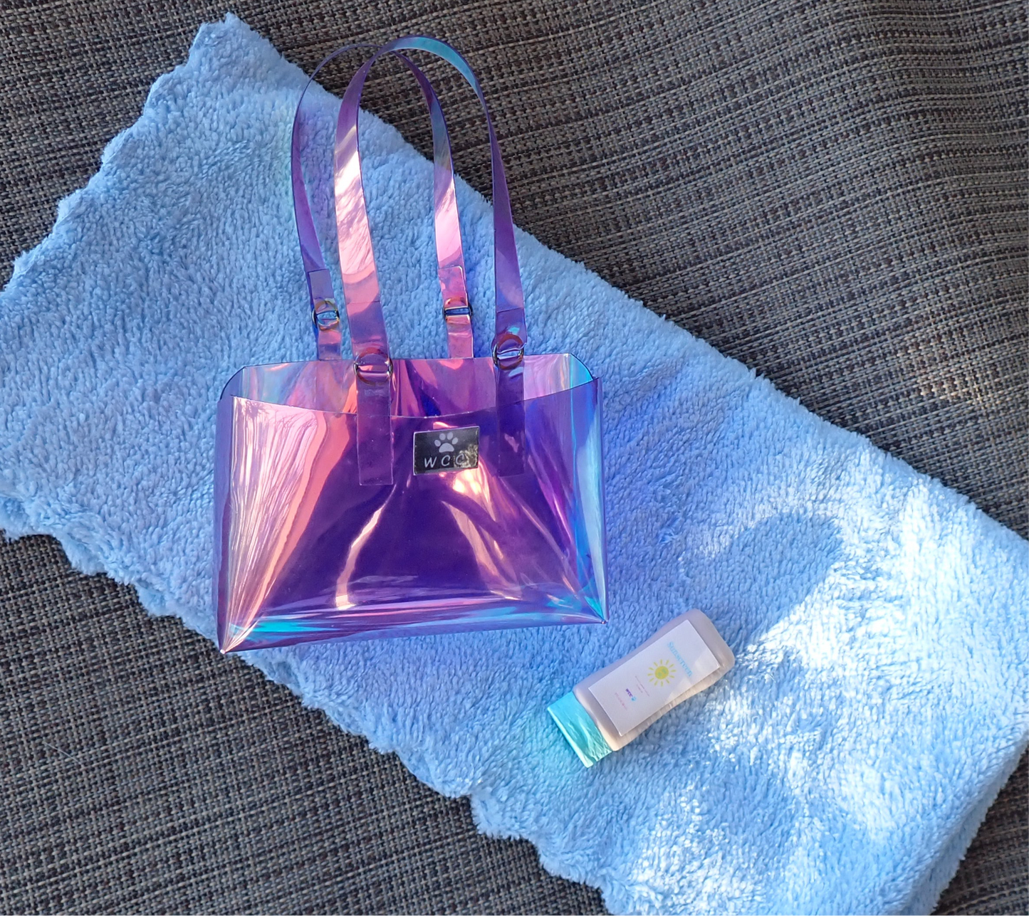 Smart doll beach bag sunscreen and towel purple holographic transparent