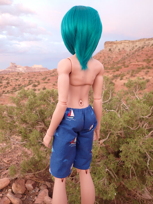 MADE TO ORDER Smart doll guys navy blue sail boats swim trunks shorts