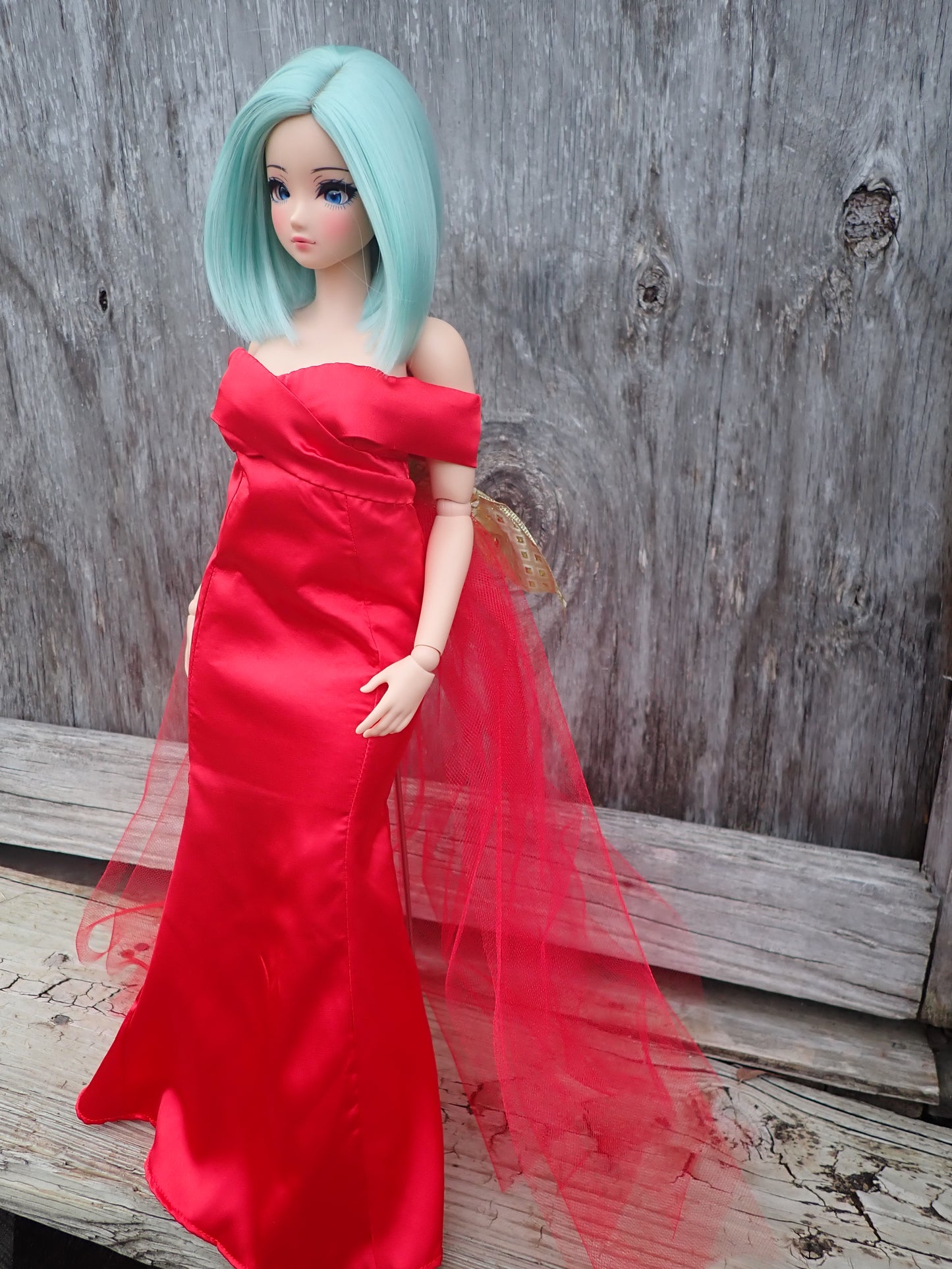 Smart doll PEAR red satin gown Christmas with gold bow and tulle train