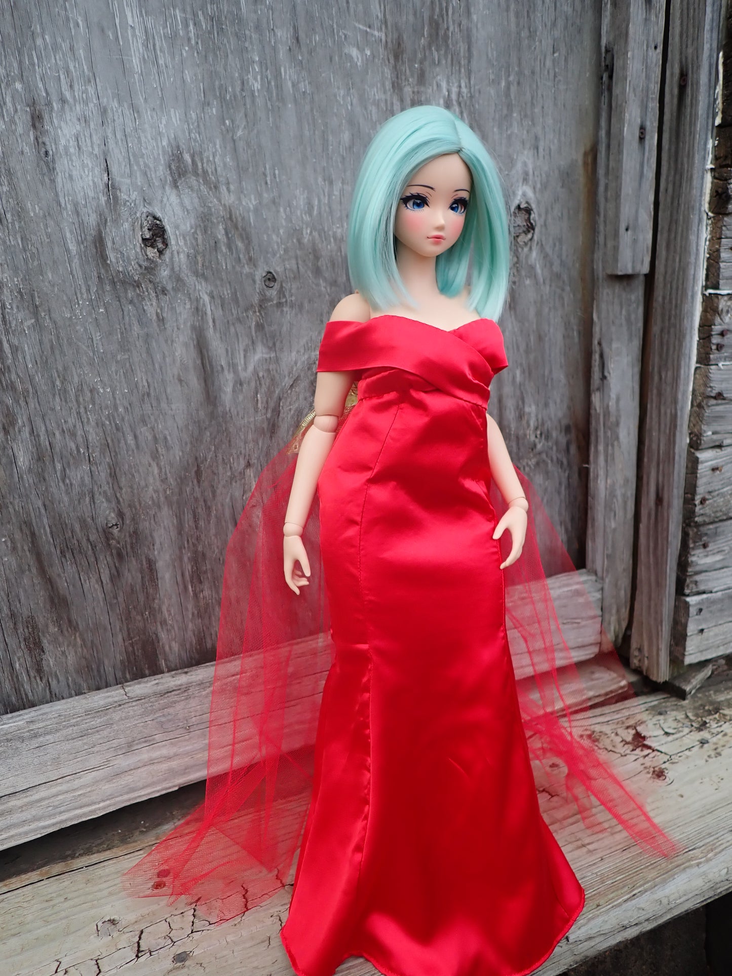 Smart doll PEAR red satin gown Christmas with gold bow and tulle train