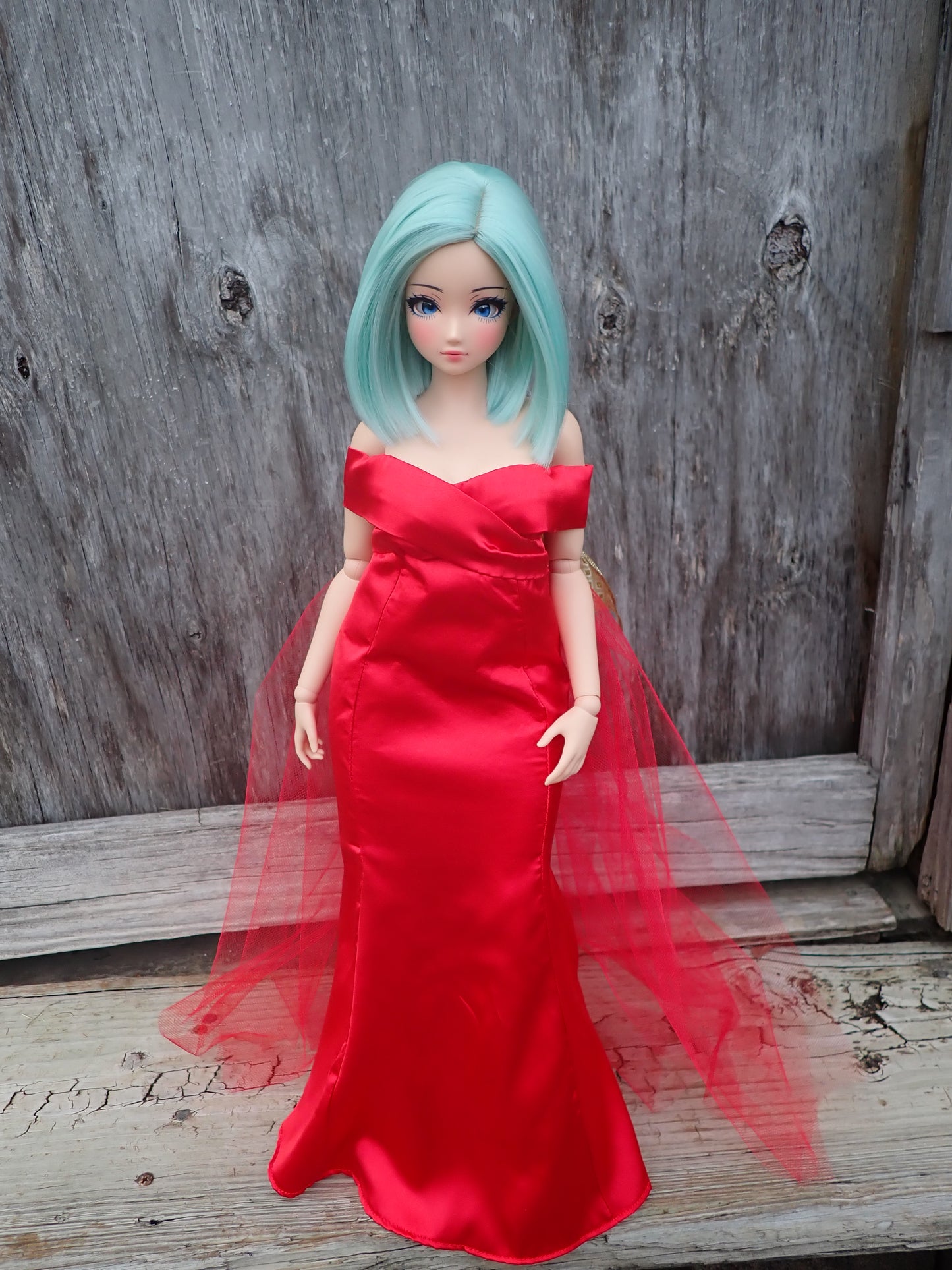 Smart doll PEAR red satin gown Christmas with gold bow and tulle train