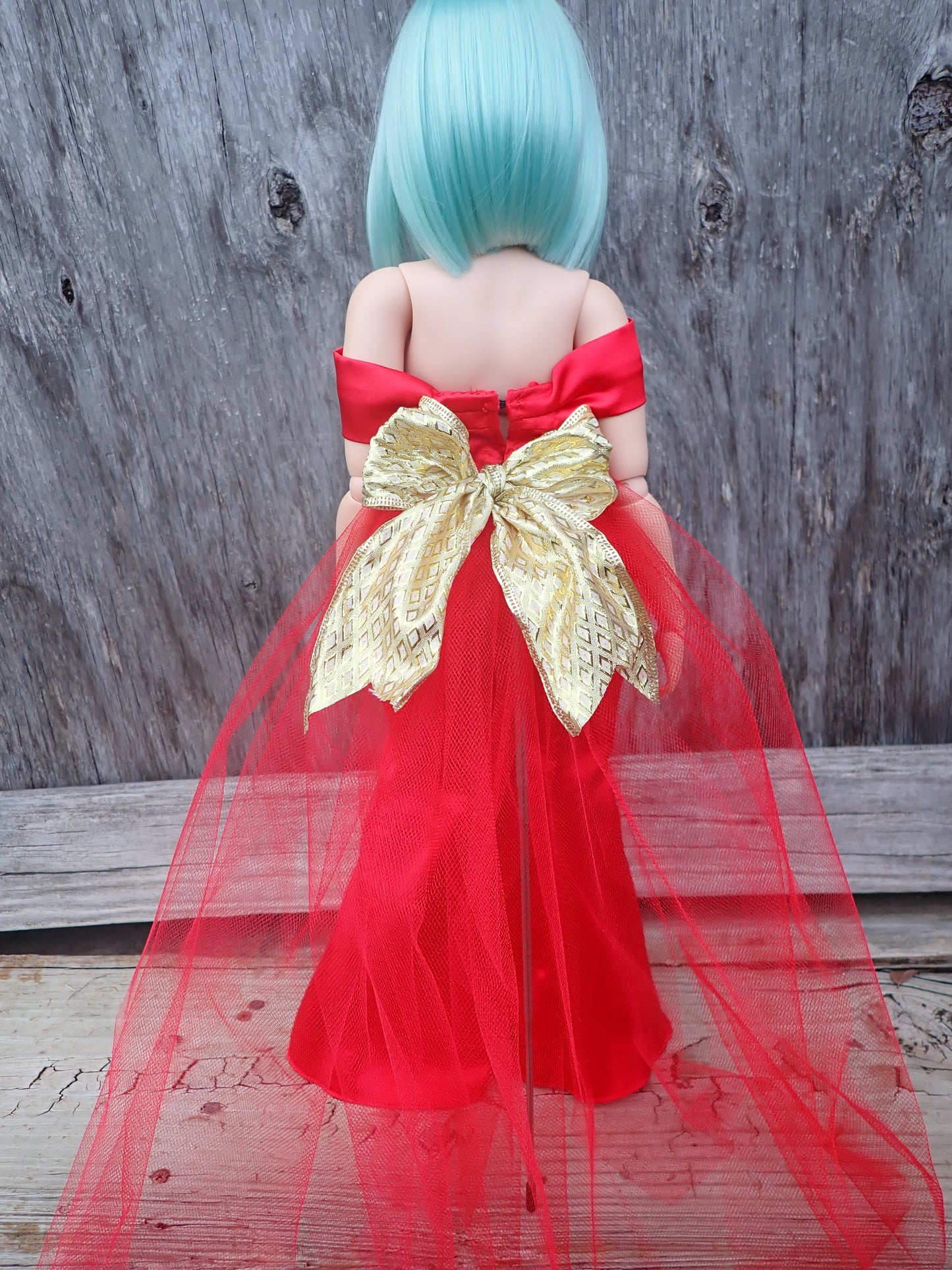 Smart doll PEAR red satin gown Christmas with gold bow and tulle train