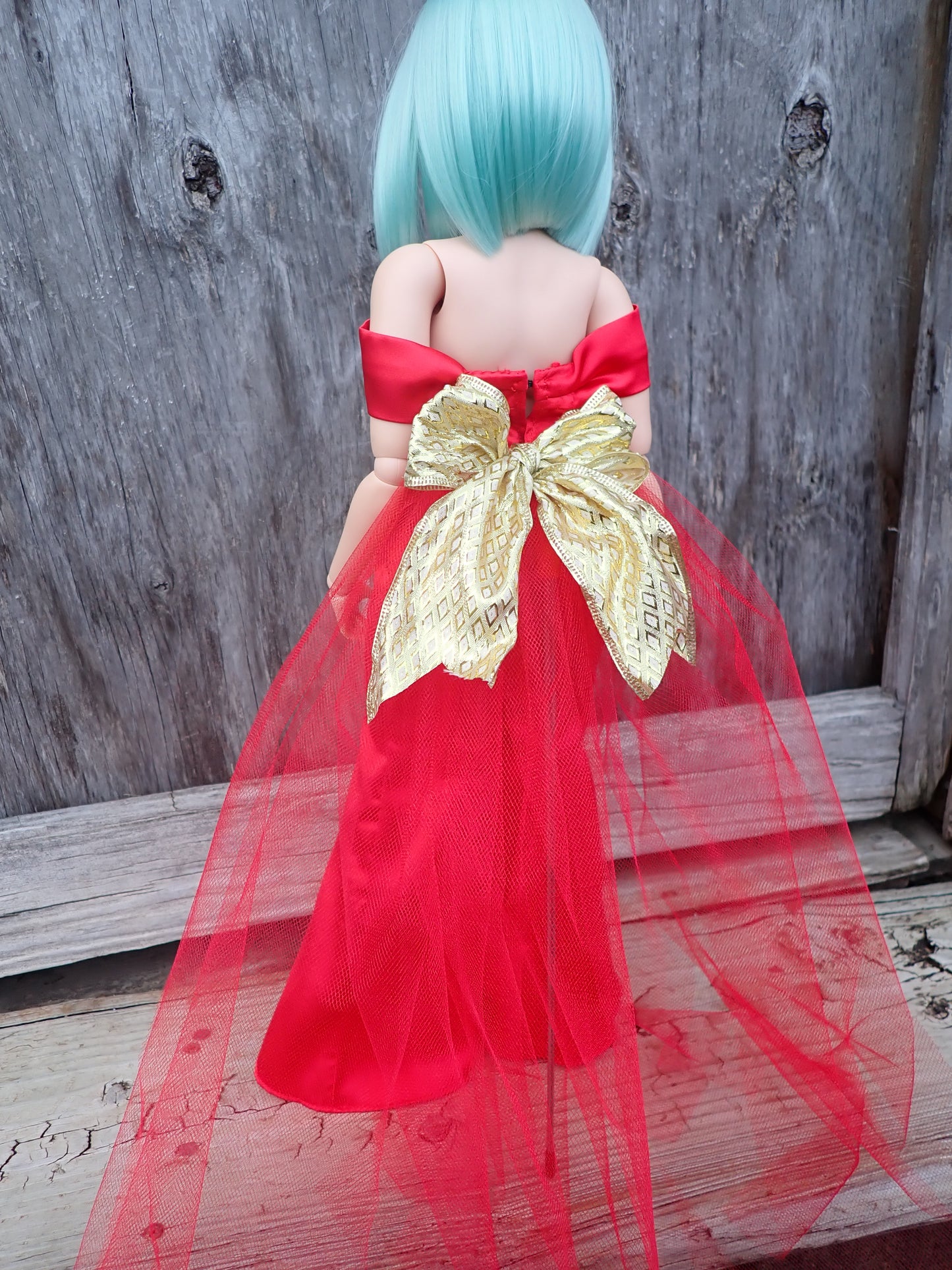 Smart doll PEAR red satin gown Christmas with gold bow and tulle train
