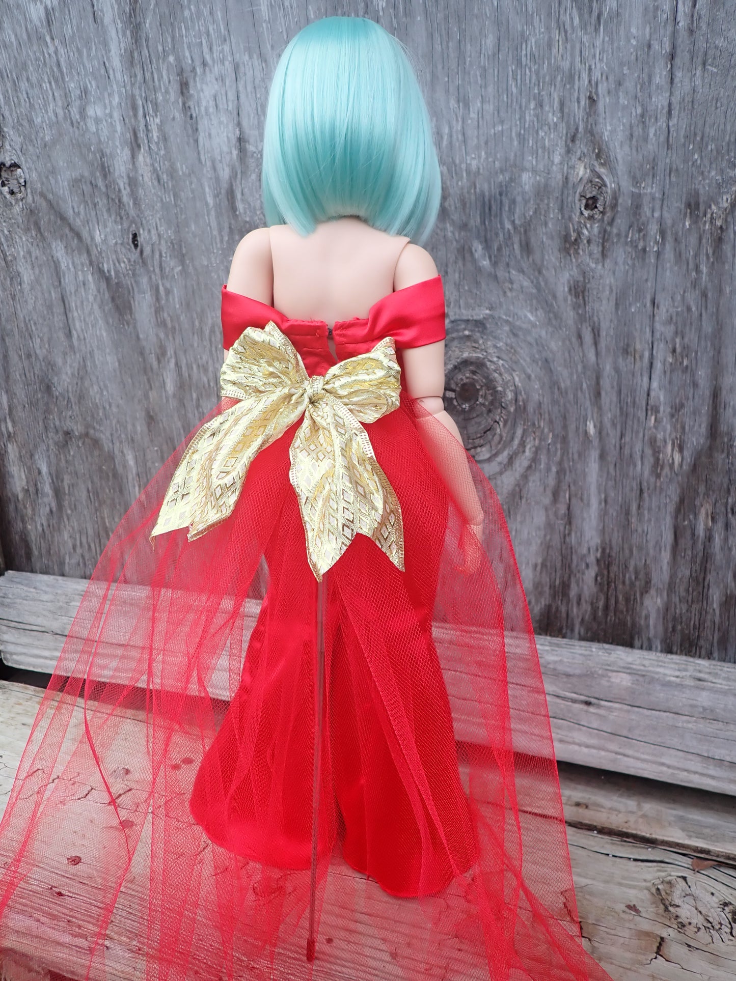 Smart doll PEAR red satin gown Christmas with gold bow and tulle train