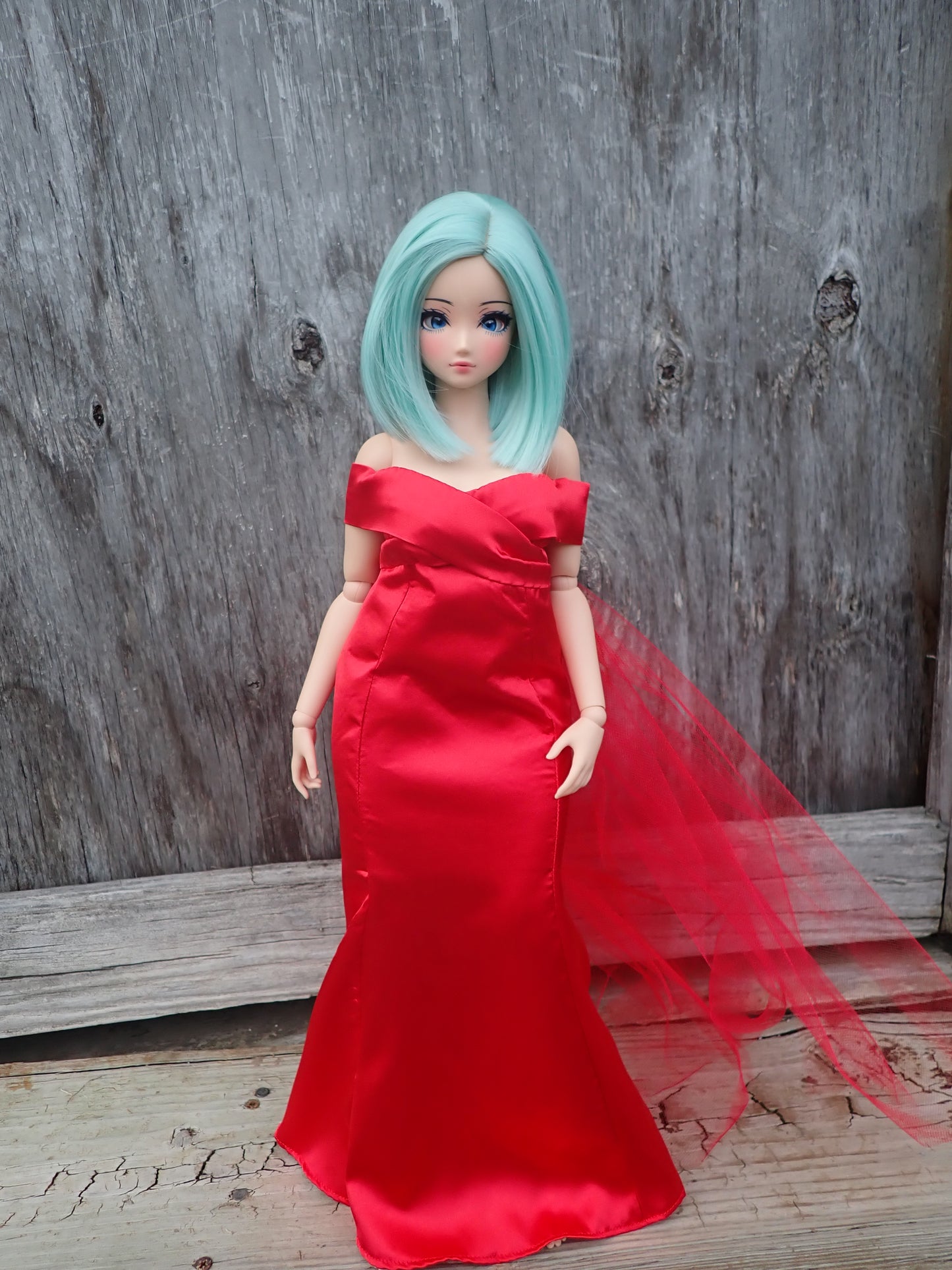 Smart doll PEAR red satin gown Christmas with gold bow and tulle train